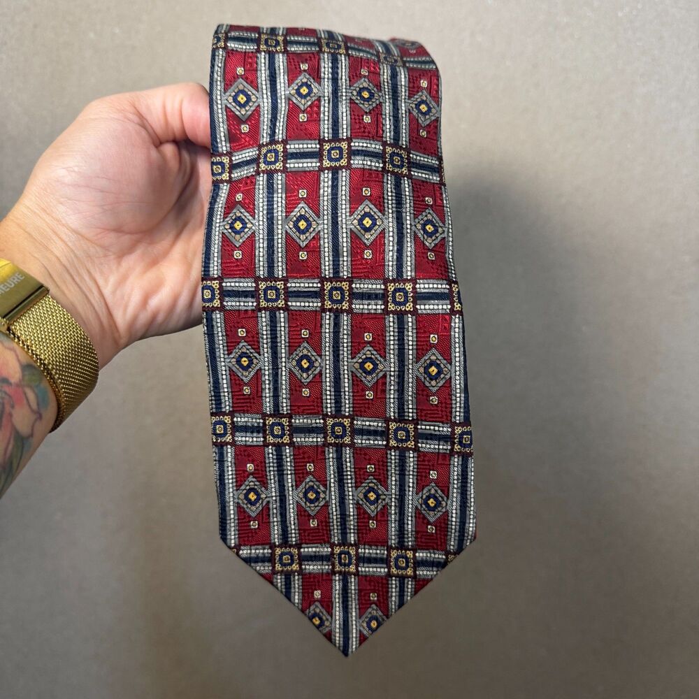 Vintage Geoffrey Beene Silk Tie Geometric Medallion Retro Dark Academia